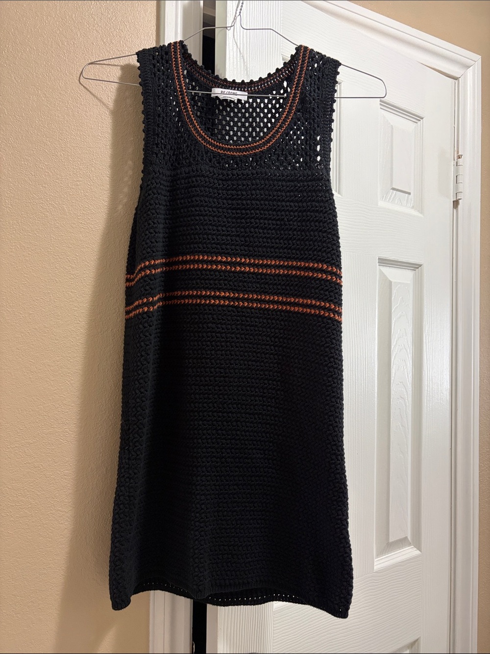 Re/Done Black Crochet Tank Dress with Rust Stripes